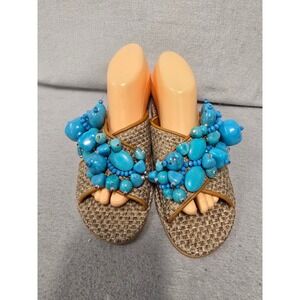 Elina Linardaki Womens Turquoise Beaded Woven Slides Flat Sandals  Size 7